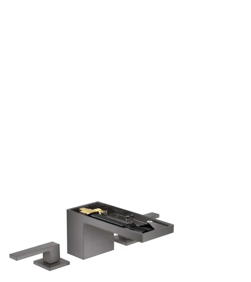 Waschtischarmatur von AXOR in Brushed Black Chrome. Drei Teile: Hauptarmatur und separater Hebel. Ohne Montageplatte und mit Push-Open Ablaufgarnitur.